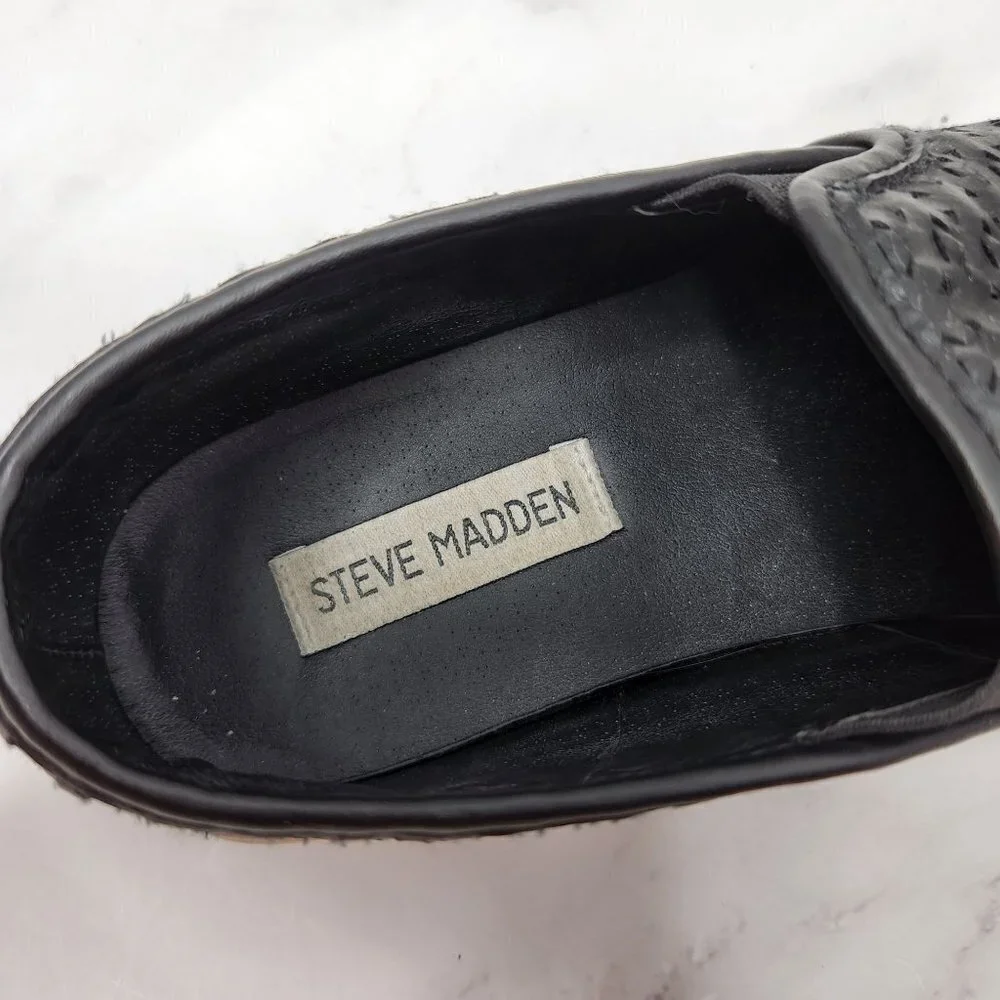 Steve Madden Excel Black Faux Vegan Leather Perforated Slip On Flat Sneaker 7B